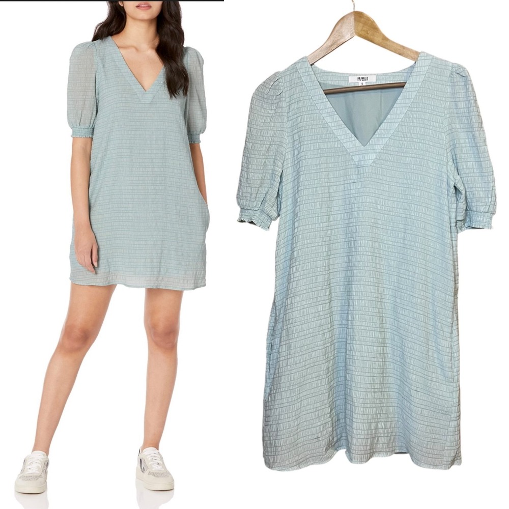 BB Dakota Steve Madden Light Blue Crinkle V-Neck Puff Sleeve Mini Dress BK208749